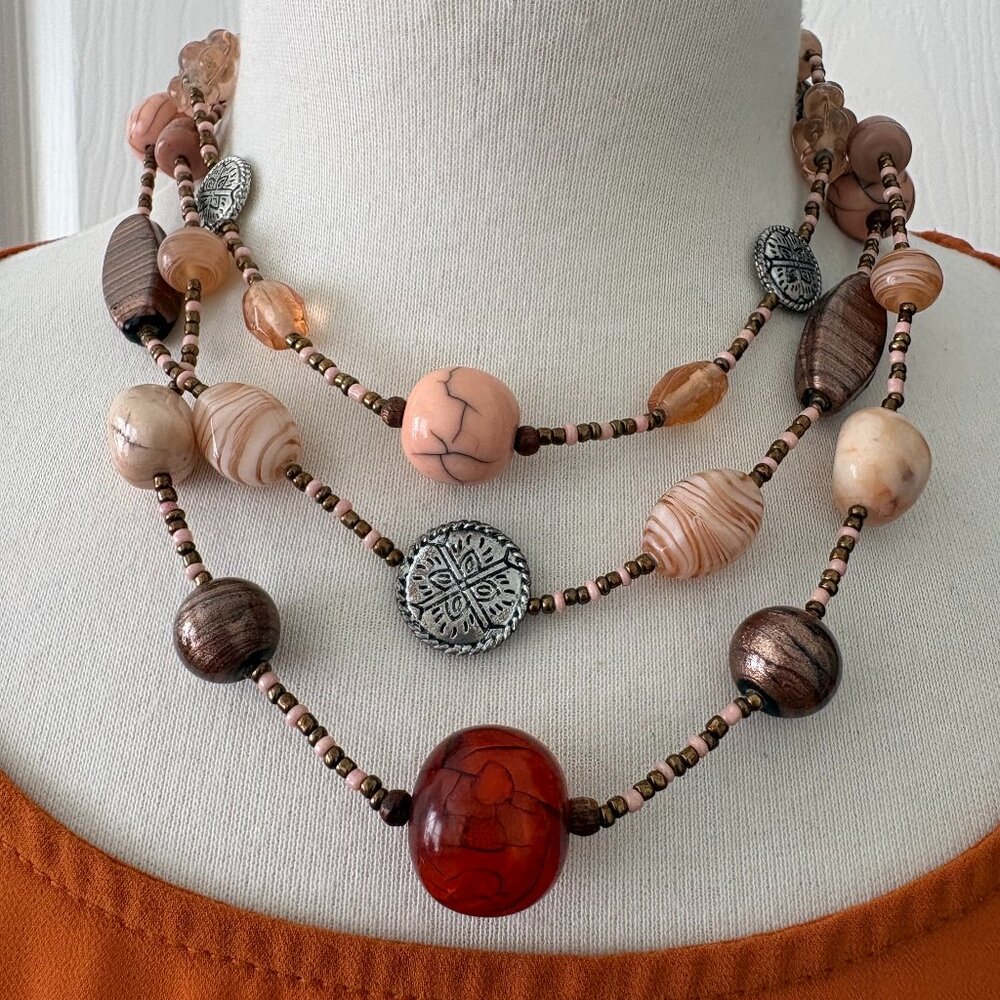 Chico's Triple Strand Mostly Glass Bead Necklace Peach Bronze